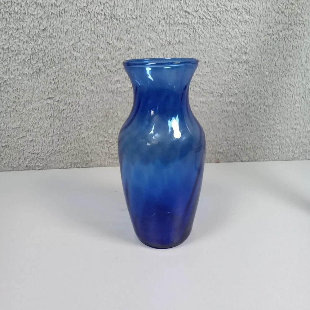 Cobalt Blue‎ Hand Blown Art Glass Vase Optic Swirl Flared Rim 8 Inch Bud Vase